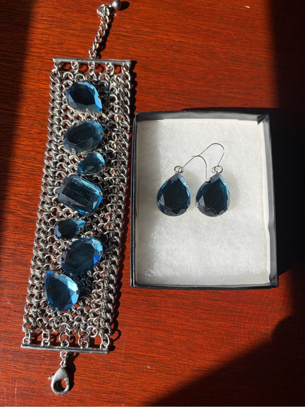 Blue Faceted Crystal Chain Bracelet & matching Crystal Teardrop Earrings